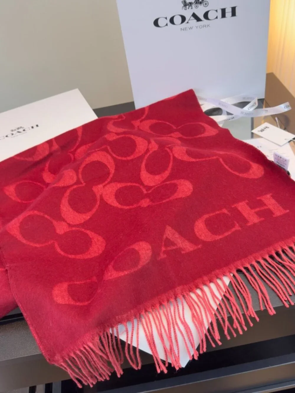 Coach Classic Monogram C Logo Burgundy Fringe Scarf Warm Cozy Designer Shawl